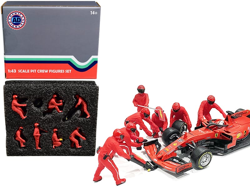 Formula One F1 Pit Crew 7 Figurine Set Team Red for 1/43 Scale Models by American Diorama - Multi