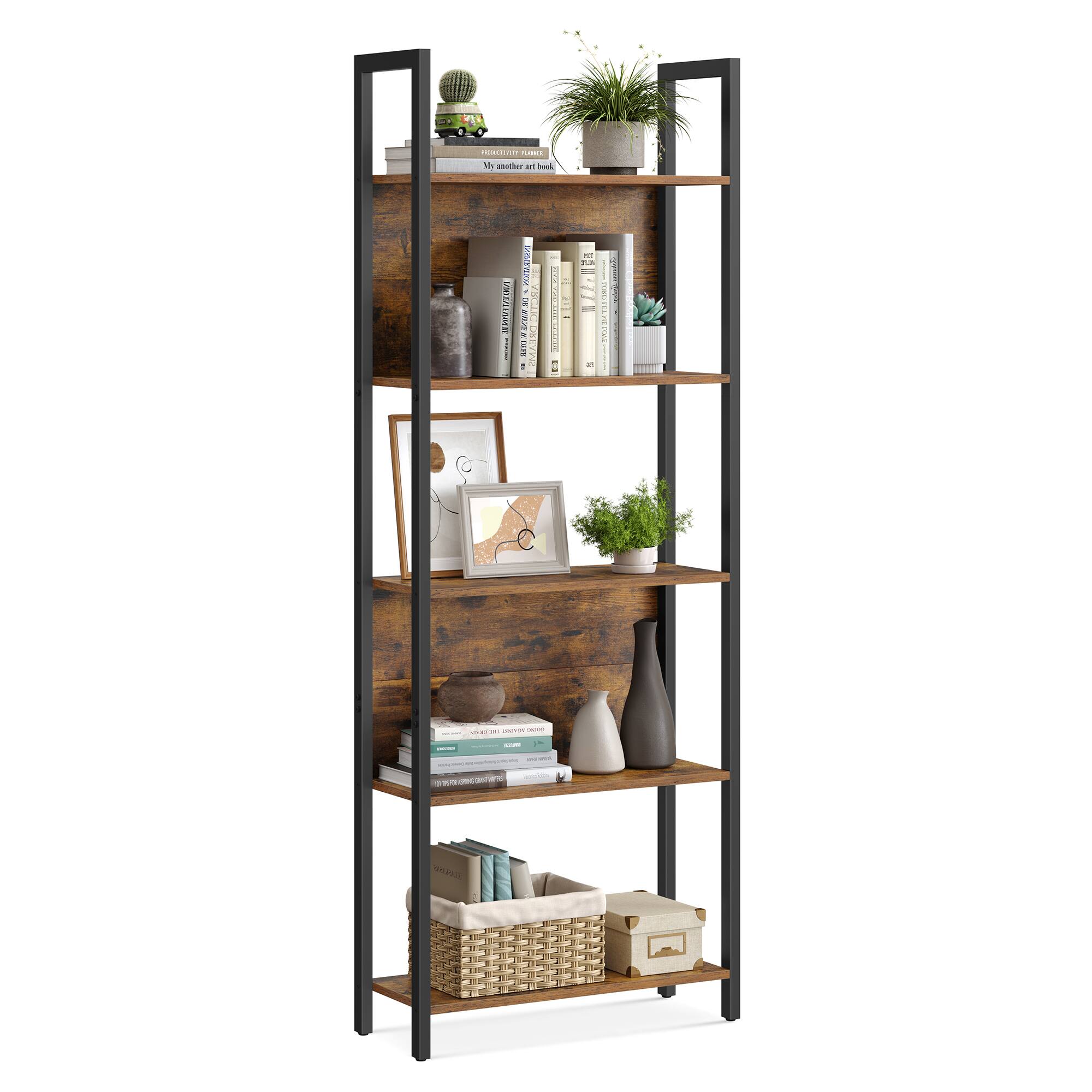 Songmics Home - Bookshelf, Storage Shelf, Kitchen Shelf with 5 Shelves, Stable Steel Structure, for Living Room, Entryway, Hallway - Rustic Brown and Black