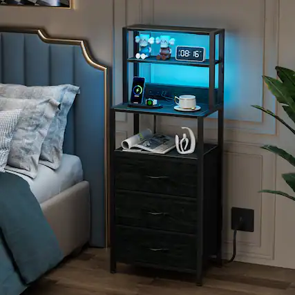 Front. Furnulem - Nightstand with 3 Drawers Outlets Bedside Tables with USB Ports Open Shelf - Black.