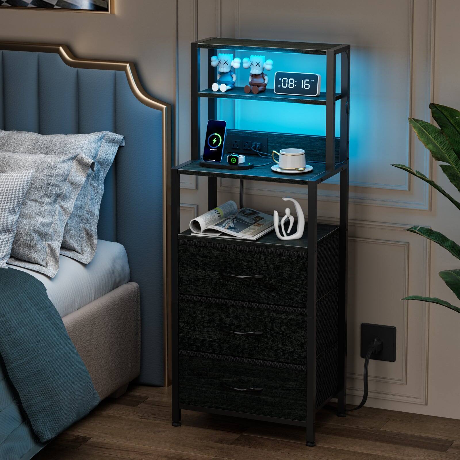 Furnulem - Nightstand with 3 Drawers Outlets Bedside Tables with USB Ports Open Shelf - Black