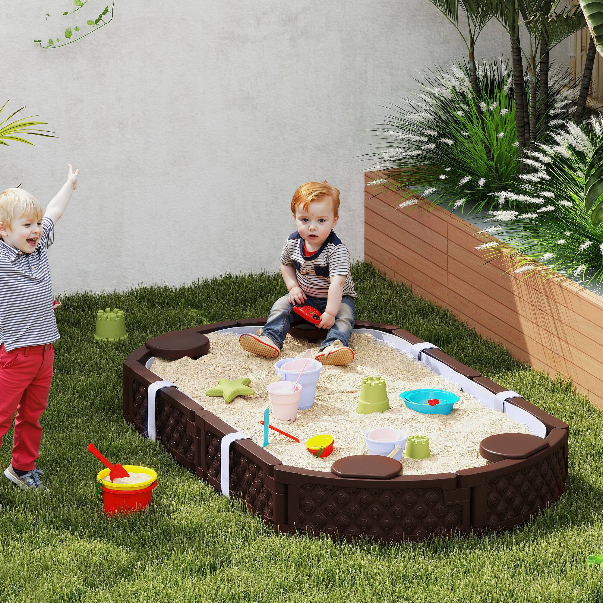 Angle. Qaba - Kids Sandbox with Cover, Oval 71" Sand Pit, 4 Seats, Weather Resistant, Backyard, Lawn, Garden, Beach, Patio.