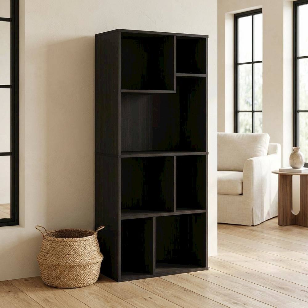 Left. FurniFact - 7-Cube Irregular Bookcase with Storage Organizer and Modern Design - Espresso.