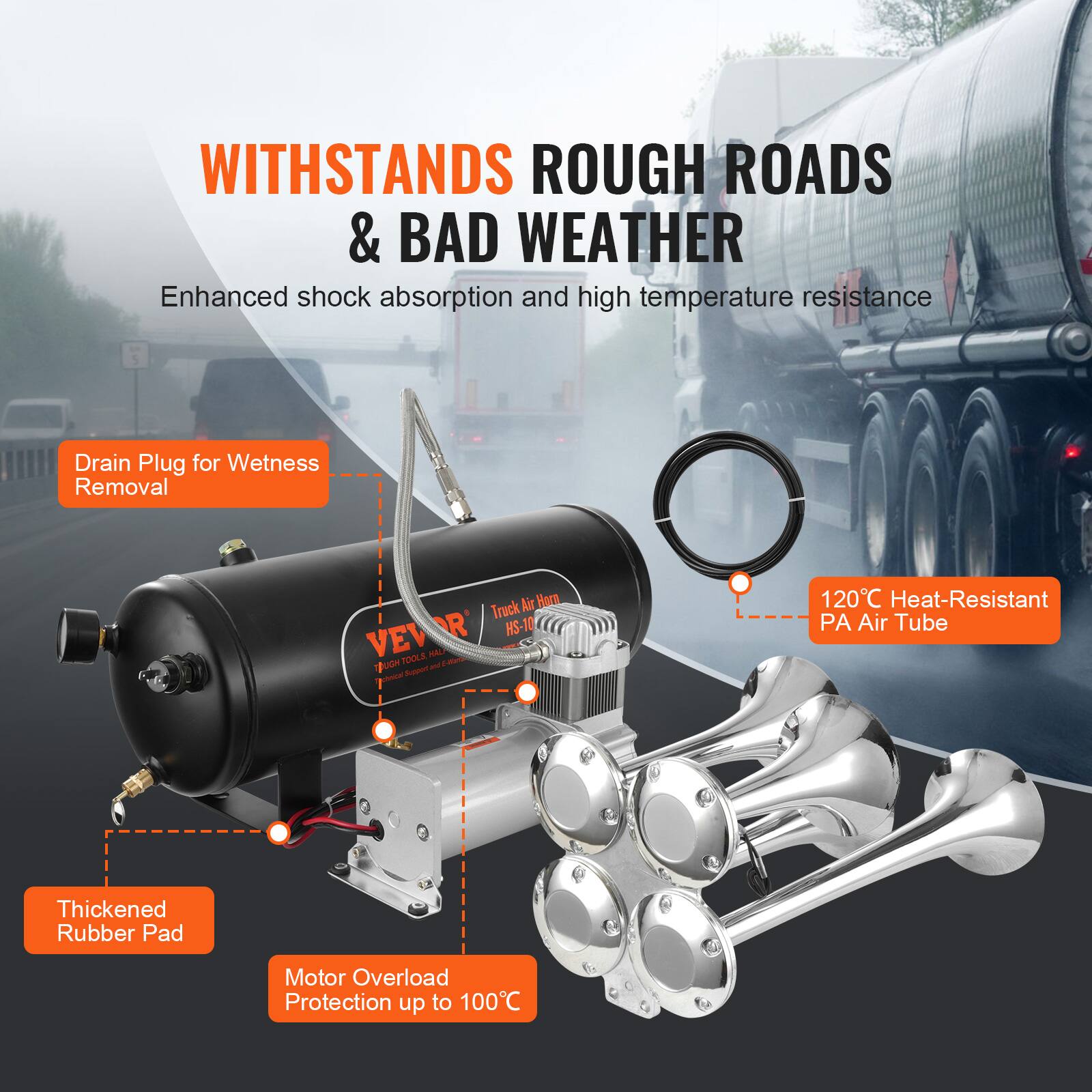 WITHSTANDS ROUGH ROADS & BAD WEATHER  
Enhanced shock absorption and high temperature resistance  
Drain Plug for Wetness Removal  
Track Air Hora HS-10  
VEVAR POOLS  
120°C Heat-Resistant PA Air Tube  
Thickened Rubber Pad  
Motor Overload Protection up to 100°C