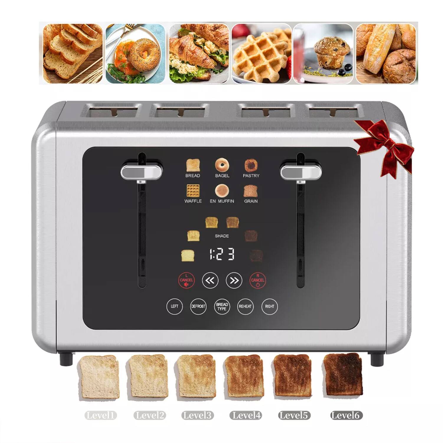 BREAD BAGEL PASTRY WAFFLE EN MUFFIN GRAIN SHADE 2 3 L CANCEL << 1 CANCEL O LEFT CEHCS BGLAD ITAE REHEAT RGHT Levell Level2 Level3 Level4 Level5 Level6