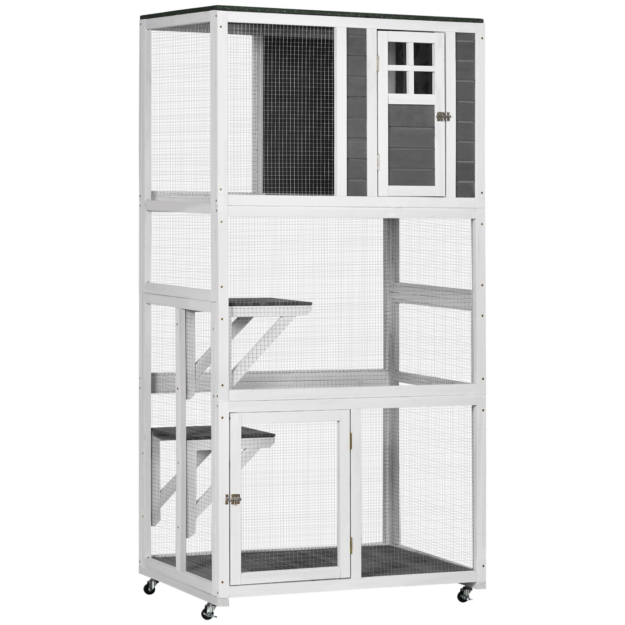 Front. Siljoy - Gray Wheeled Outdoor Catio, Weatherproof Cat House with Asphalt Roof, High Capacity Cat Enclosure.