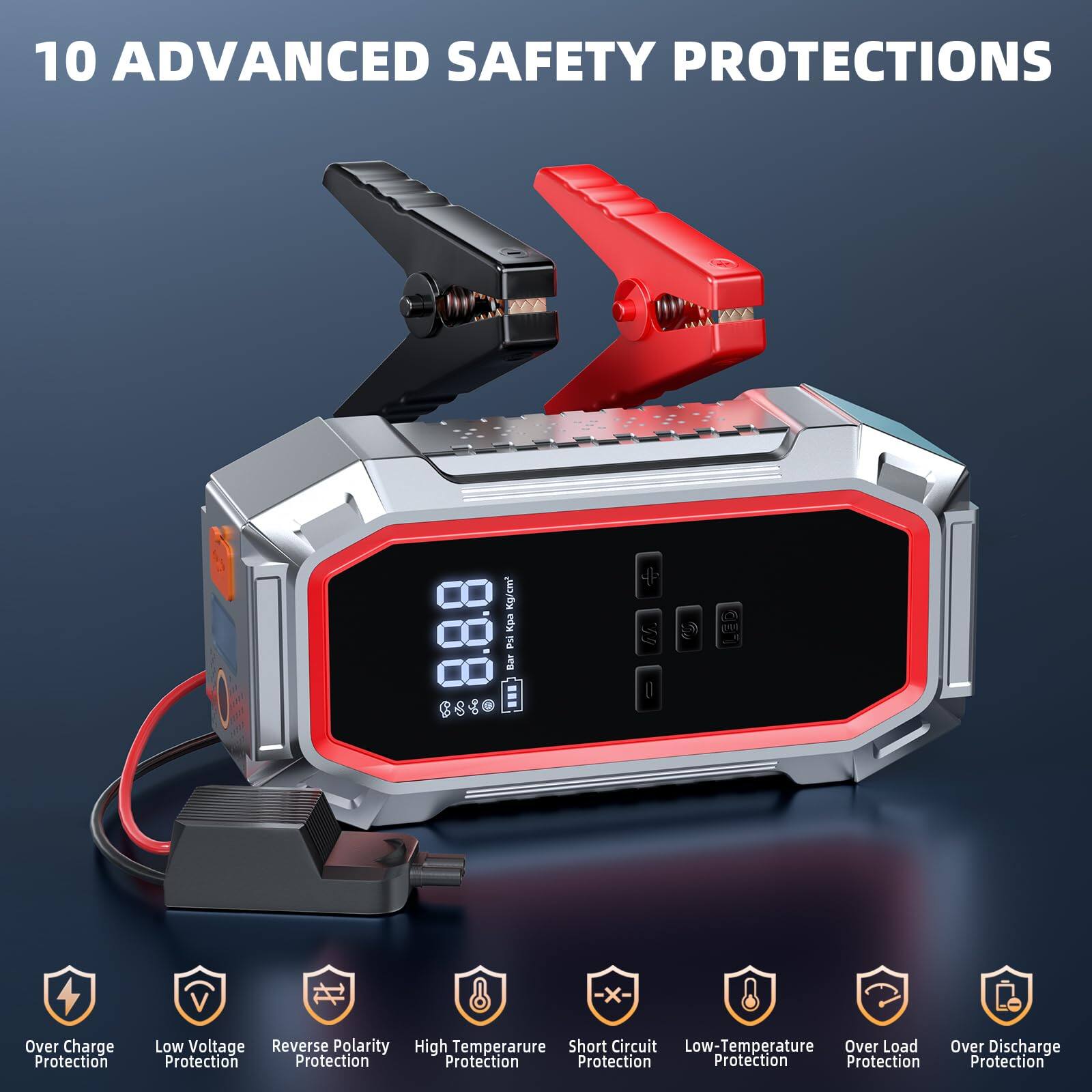 10 ADVANCED SAFETY PROTECTIONS

- Over Charge Protection
- Low Voltage Protection
- Reverse Polarity Protection
- High Temperature Protection
- Short Circuit Protection
- Low-Temperature Protection
- Over Load Protection
- Over Discharge Protection