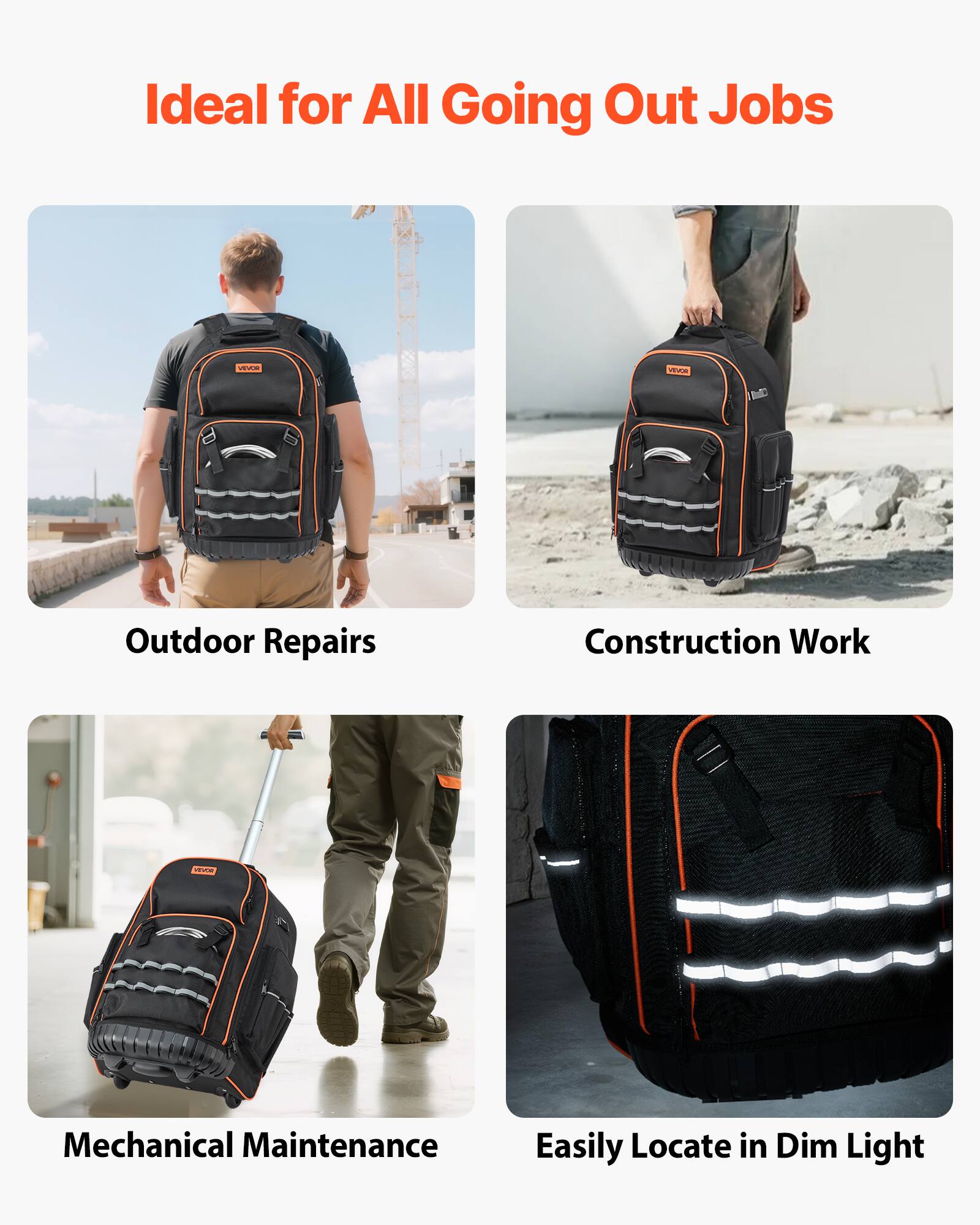 VEVOR Rolling Tool Backpack, 110 lbs Load Capacity, 72 Pockets