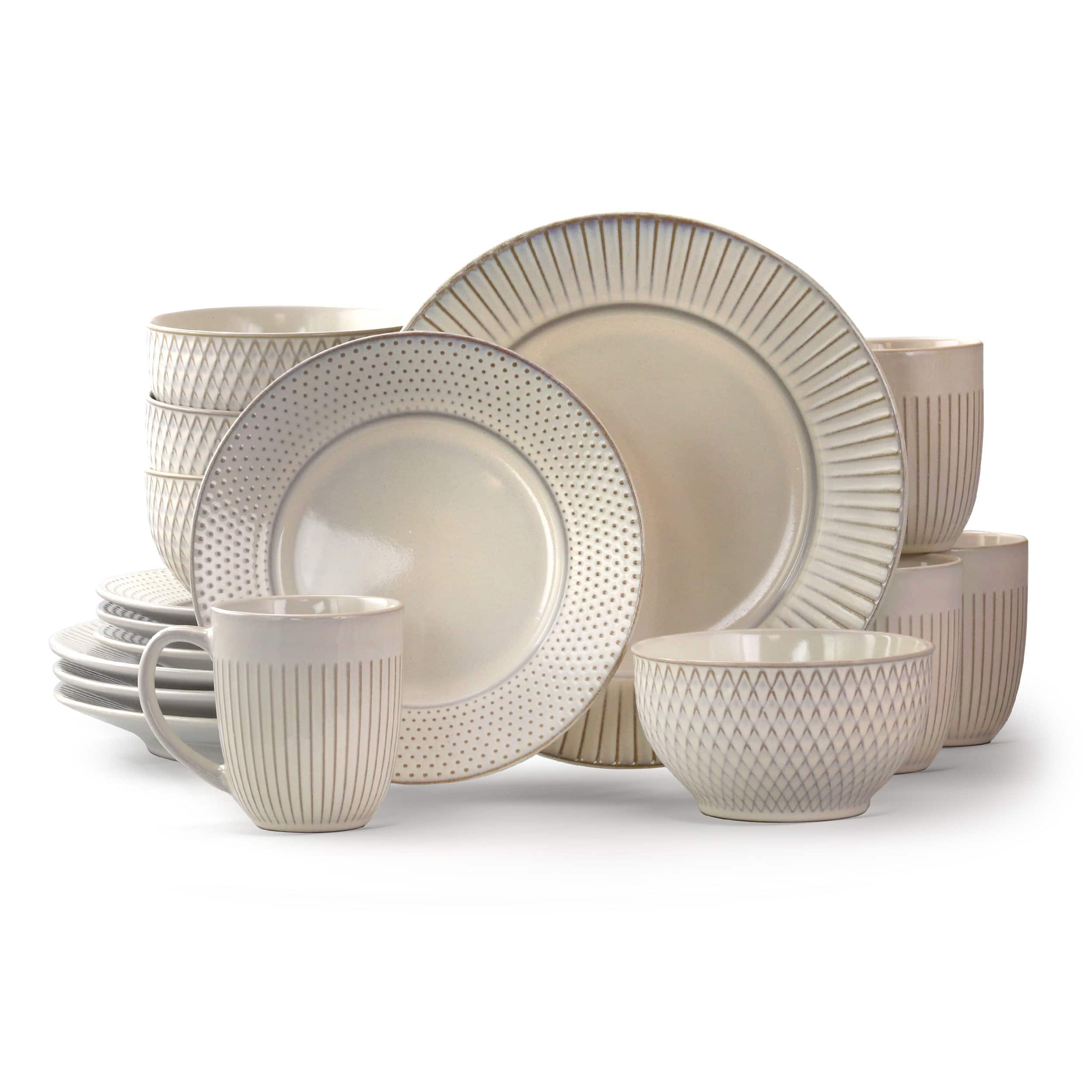 Elama - Market Finds 16 Piece Round Stoneware Dinnerware Set in Embossed - White