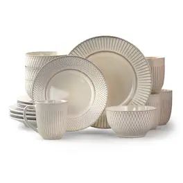 Elama - Market Finds 16 Piece Round Stoneware Dinnerware Set in Embossed - White