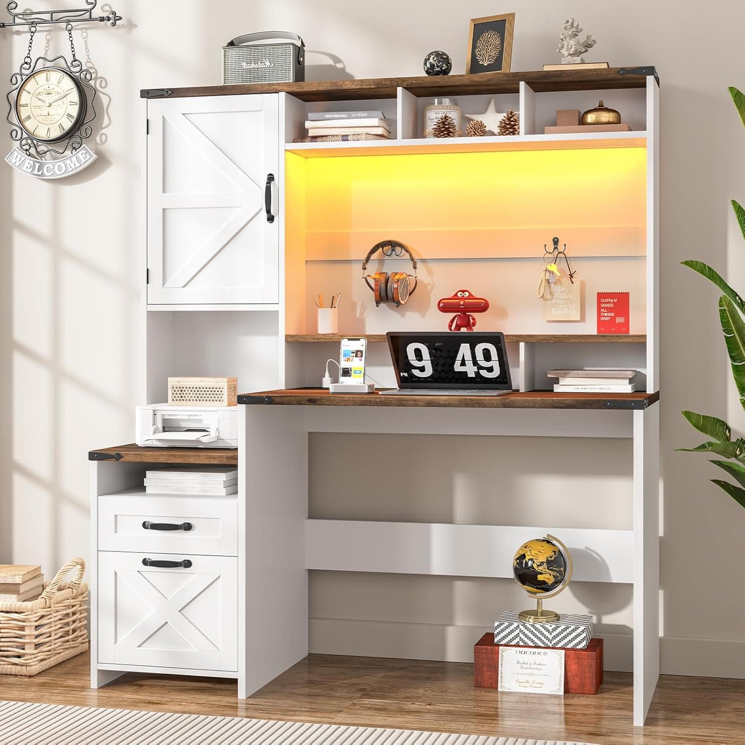 Zell Electronics - 51 Inch White Farmhouse DeskHutch, File Drawer, Cabinet, Charging Station & LED Lighting - Simple White