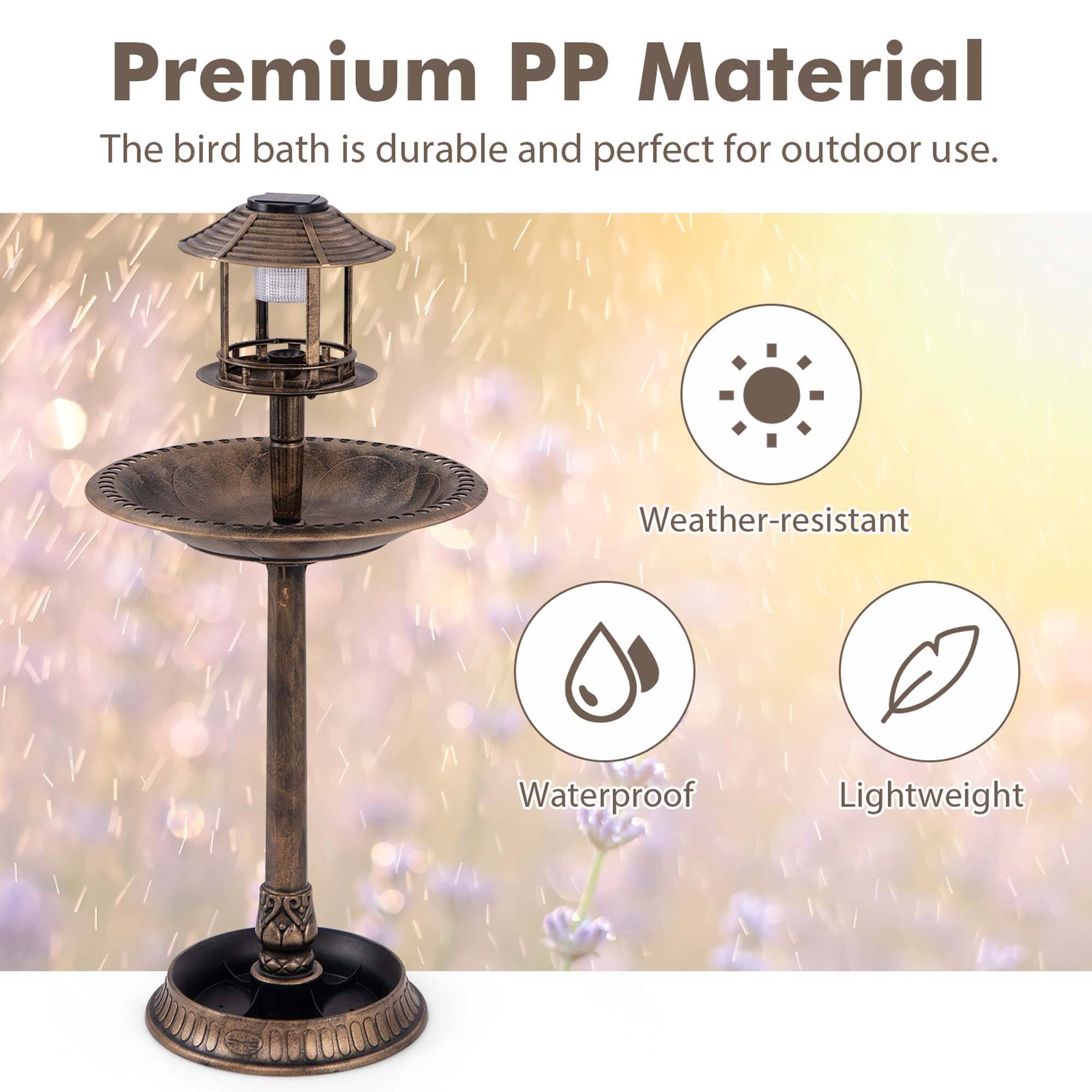 Premium PP Material  
The bird bath is durable and perfect for outdoor use.  

- Weather-resistant  
- Waterproof  
- Lightweight