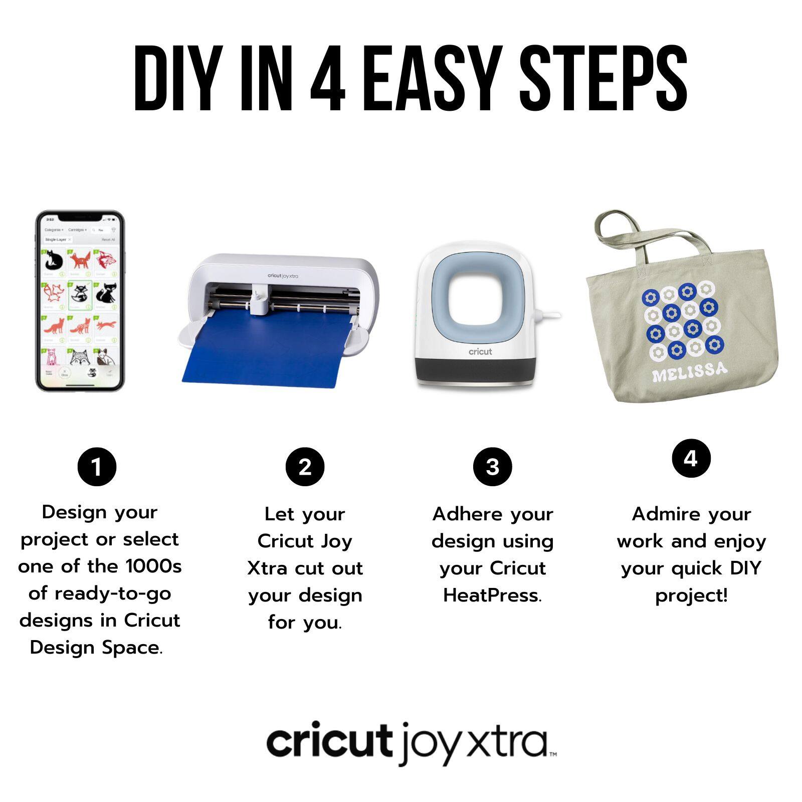 DIY IN 4 EASY STEPS

1. Design your project or select one of the 1000s of ready-to-go designs in Cricut Design Space.
2. Let your Cricut Joy Xtra cut out your design for you.
3. Adhere your design using your Cricut HeatPress.
4. Admire your work and enjoy your quick DIY project!

cricut joyxtra.