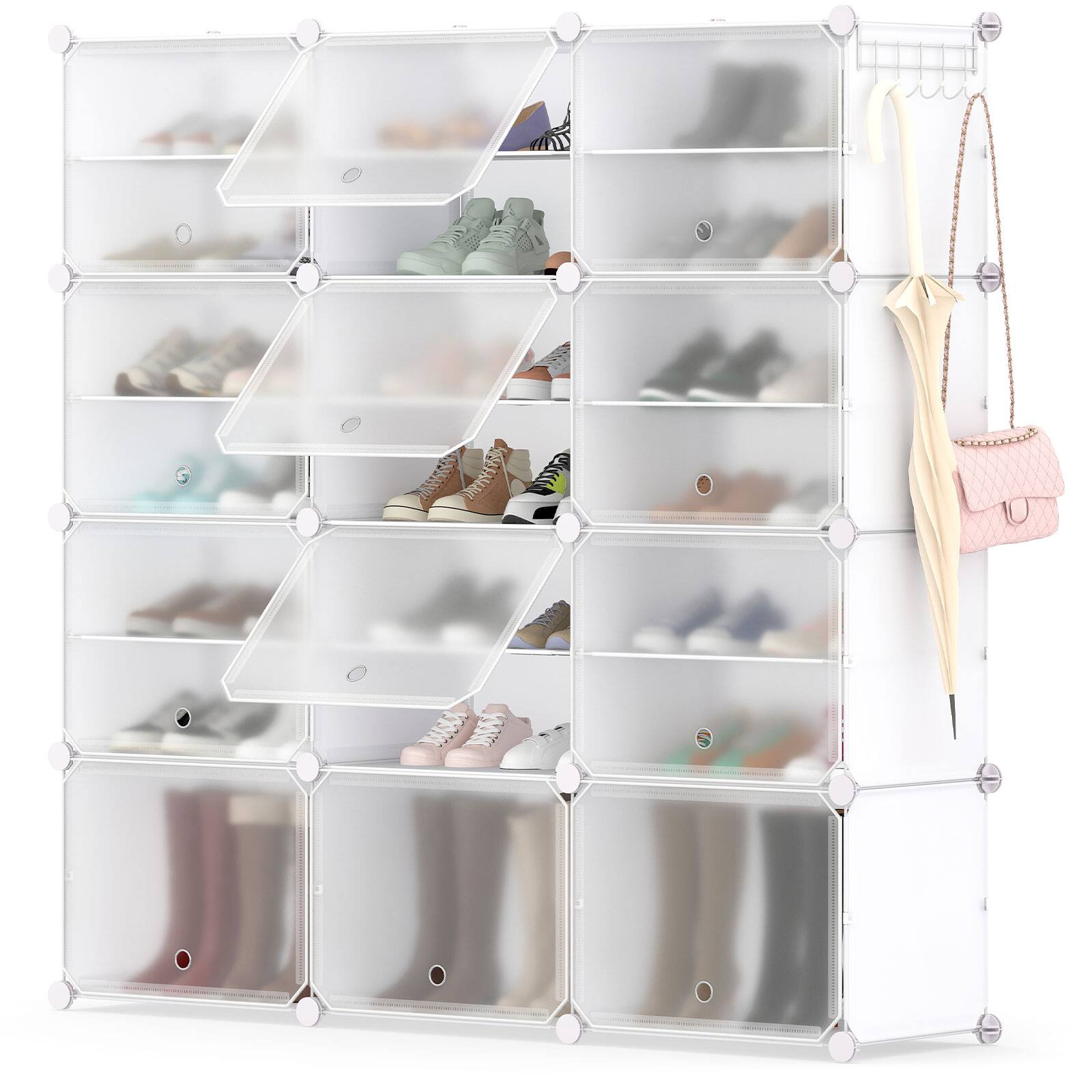 Costway - Portable Shoe Rack Organizer 12-Cube 48 Pair Shoe Shelf Storage Cabinet with Hook - White