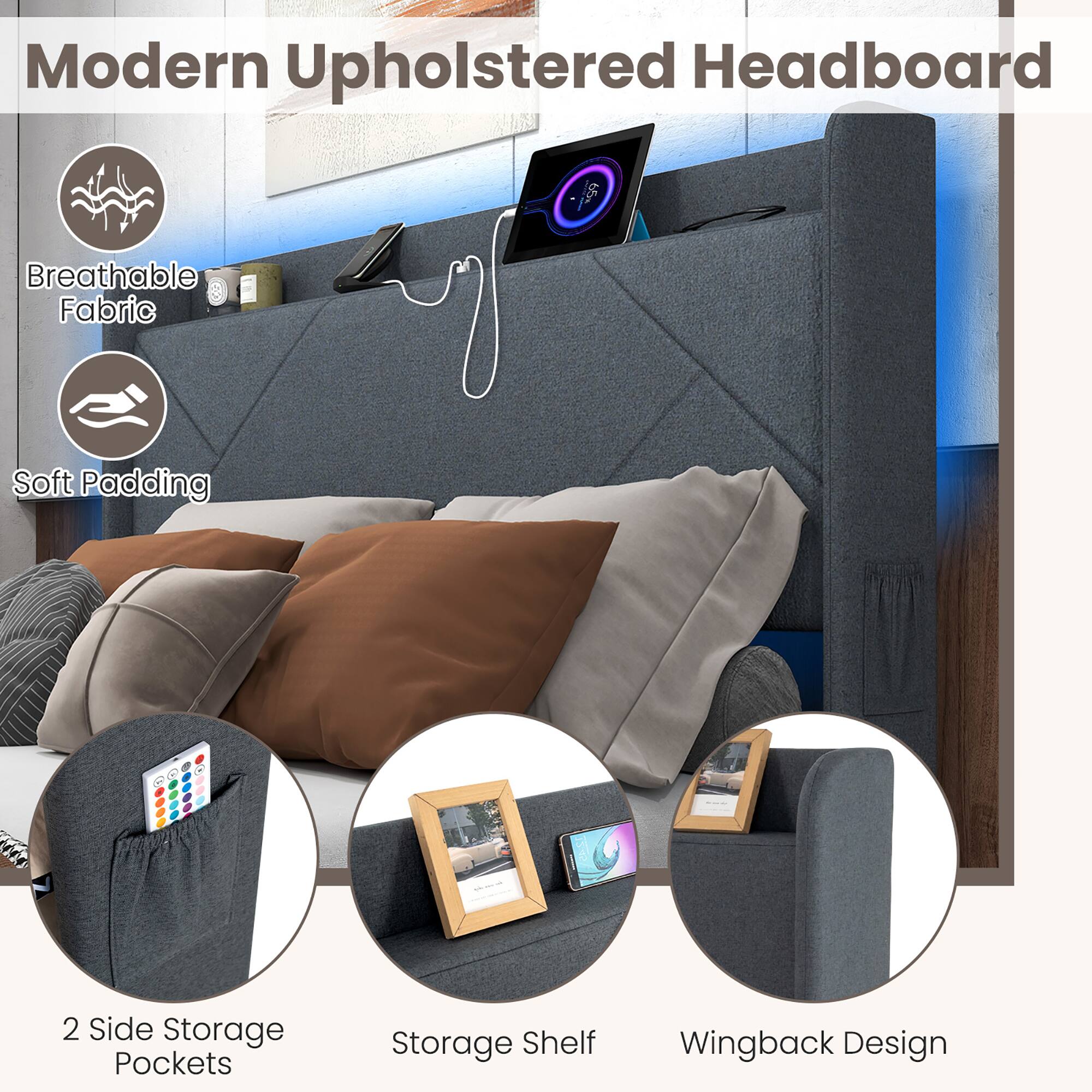 Modern Upholstered Headboard

- Breathable Fabric
- Soft Padding
- 2 Side Storage Pockets
- Storage Shelf
- Wingback Design