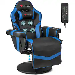 Costway - Massage Gaming Chair with Recline and Cup Holder - Blue + Black