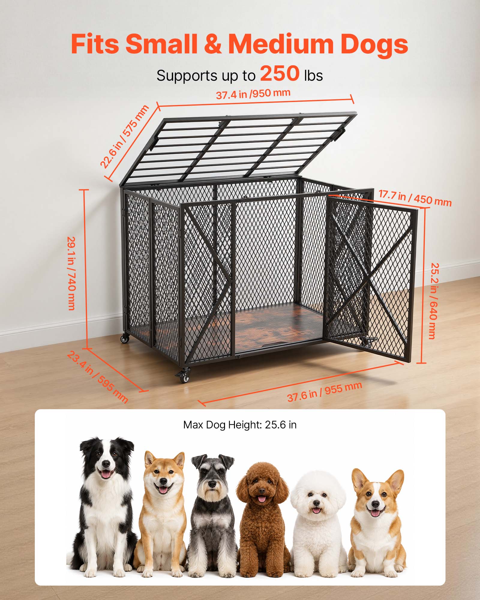 Fits Small & Medium Dogs  
Supports up to 250 lbs  
37.4 in / 950 mm  
22.6 in / 575 mm  
17.7 in / 450 mm  
29.1 in / 740 mm  
25.2 in / 640 mm  
23.4 in / 595 mm  
37.6 in / 955 mm  
Max Dog Height: 25.6 in