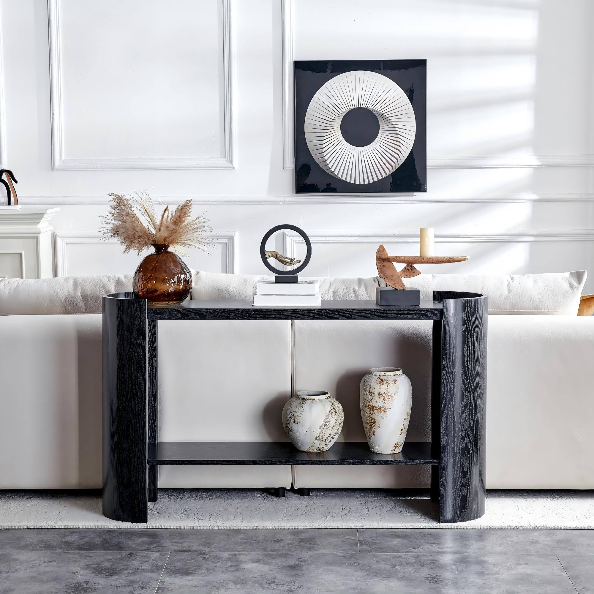 Alt View 2. Loheer - Loheer- Black Wood Grain Curved Foyer Table 4.43x1.15x2.53 ft Minimalist Sofa Side Console for Small Space Living Room - Black.