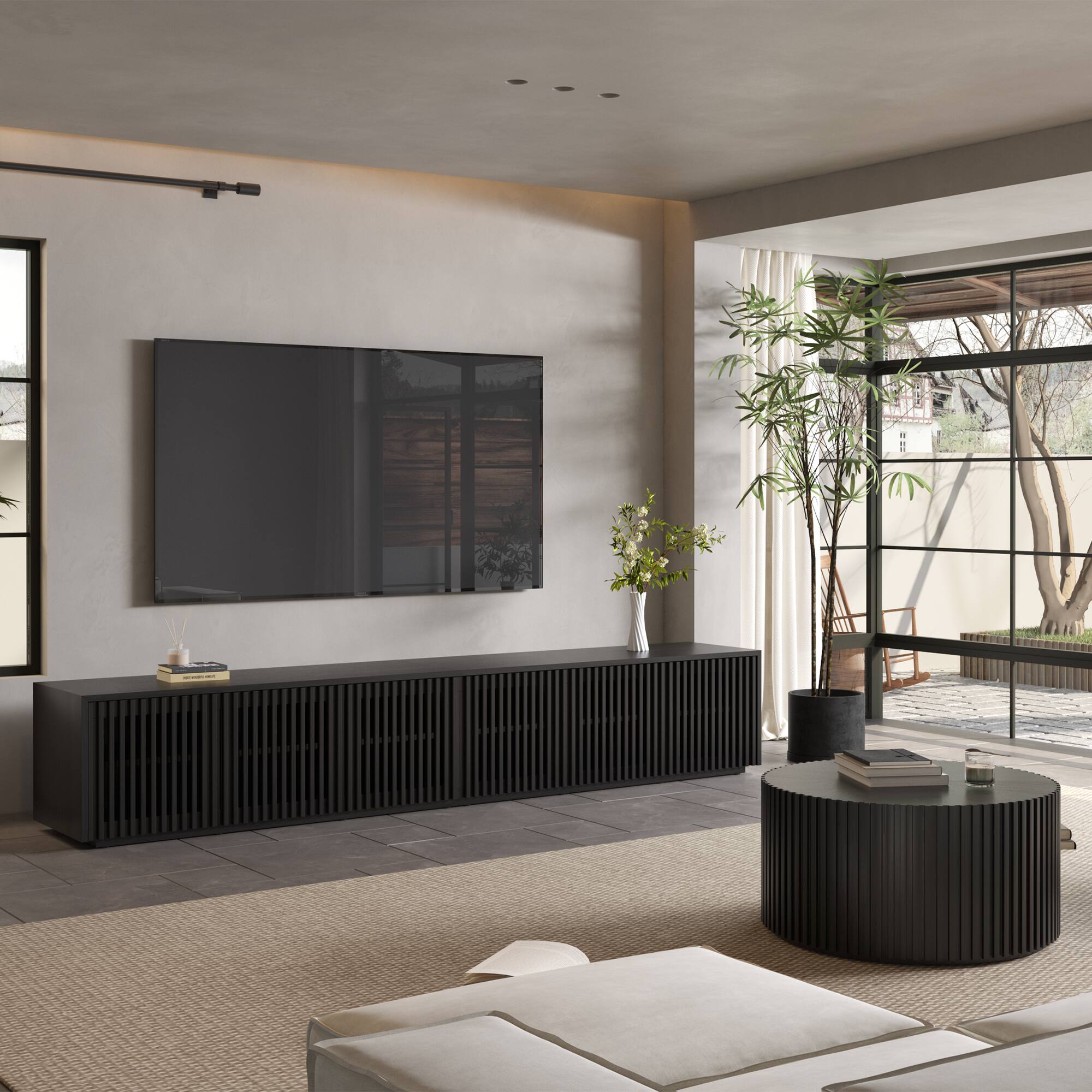 Left. POVISON - 118" Modern Minimalist Wood TV Stand, Slatted Entertainment Center,Black TV Console, Perfect for 85-inch TVs - Black.