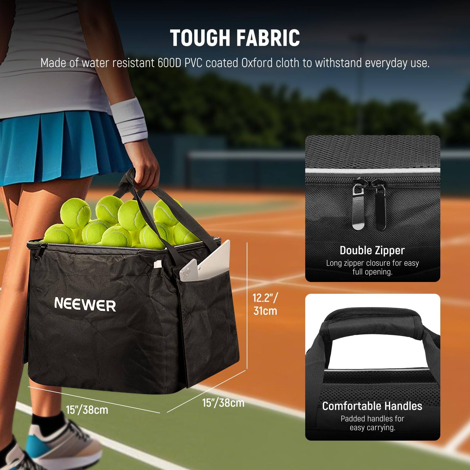 TOUGH FABRIC  
Made of water resistant 600D PVC coated Oxford cloth to withstand everyday use.

Double Zipper  
Long zipper closure for easy full opening.

NEEWER  
12.2"/31cm  
15"/38cm  
15"/38cm

Comfortable Handles  
Padded handles for easy carrying.