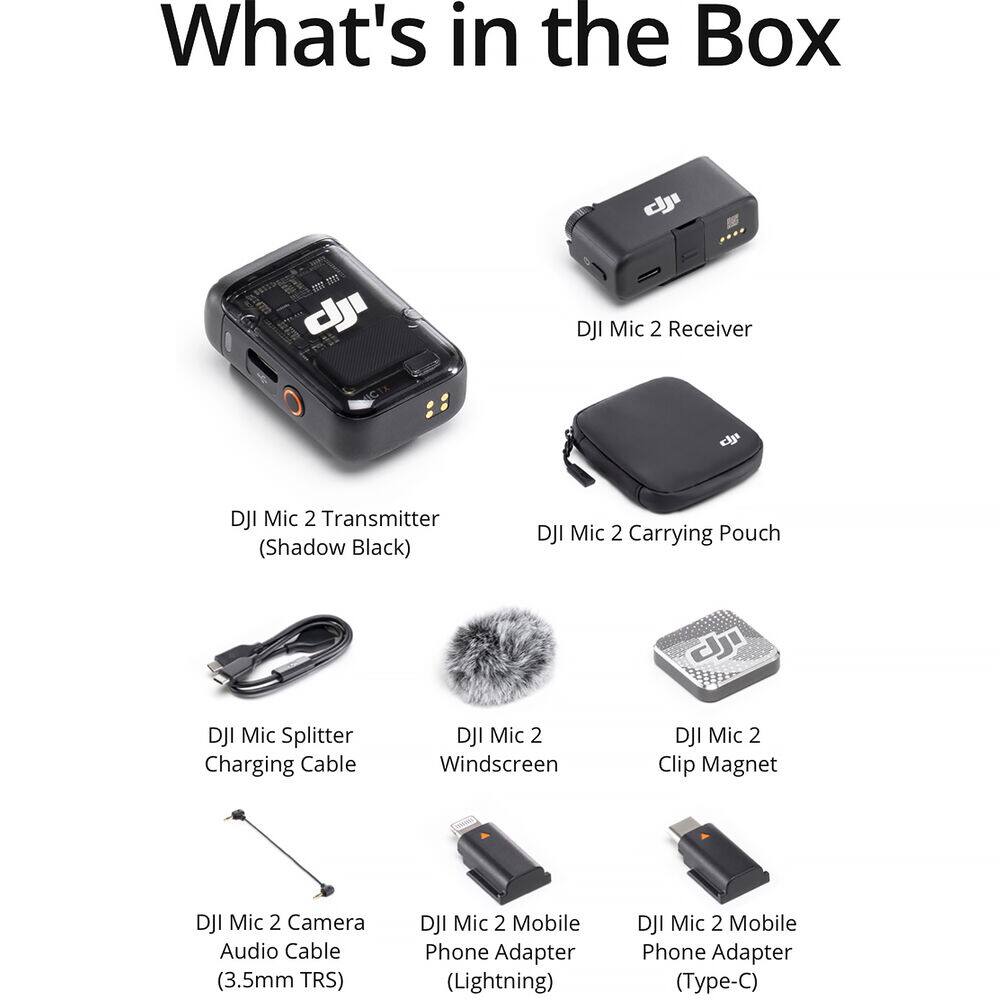 What's in the Box

- DJI Mic 2 Receiver
- DJI Mic 2 Transmitter (Shadow Black)
- DJI Mic 2 Carrying Pouch
- DJI Mic Splitter
- Charging Cable
- DJI Mic 2 Windscreen
- DJI Mic 2 Clip Magnet
- DJI Mic 2 Camera Audio Cable (3.5mm TRS)
- DJI Mic 2 Mobile Phone Adapter (Lightning)
- DJI Mic 2 Mobile Phone Adapter (Type-C)