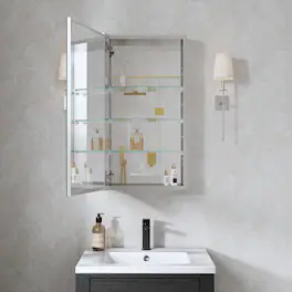 WELLFOR - 16 in. W x 30 in. H Rectangular Aluminum Recess or Surface Mount Medicine Cabinet with Mirror, Soft Close Door - Silver