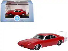 1969 Dodge Charger Daytona Stripe 1/87 (HO) Scale Diecast Model Car by Oxford Diecast - Red with White