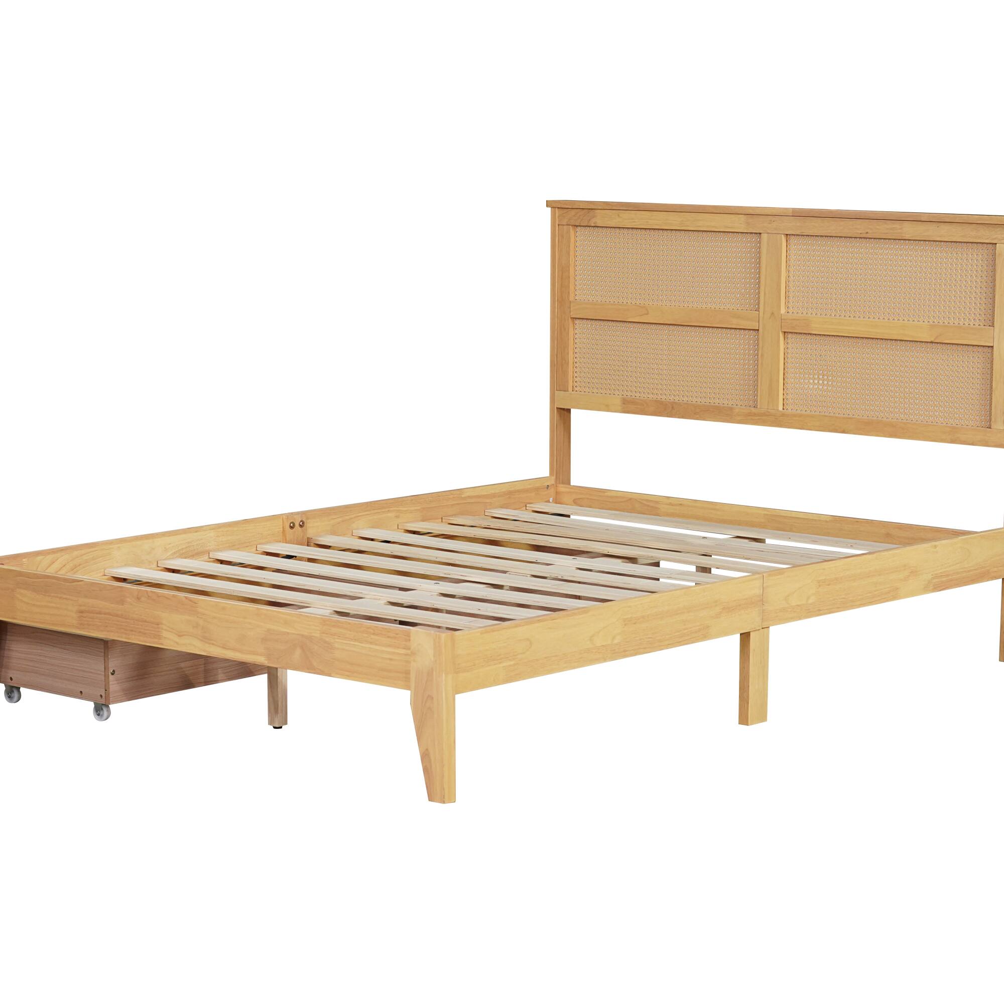 Angle. GOODSILO - Full Size Bed with Rattan Headboard and Two Storage Drawers, Solid Wood Frame with Enhanced Support Slats - White Oak.