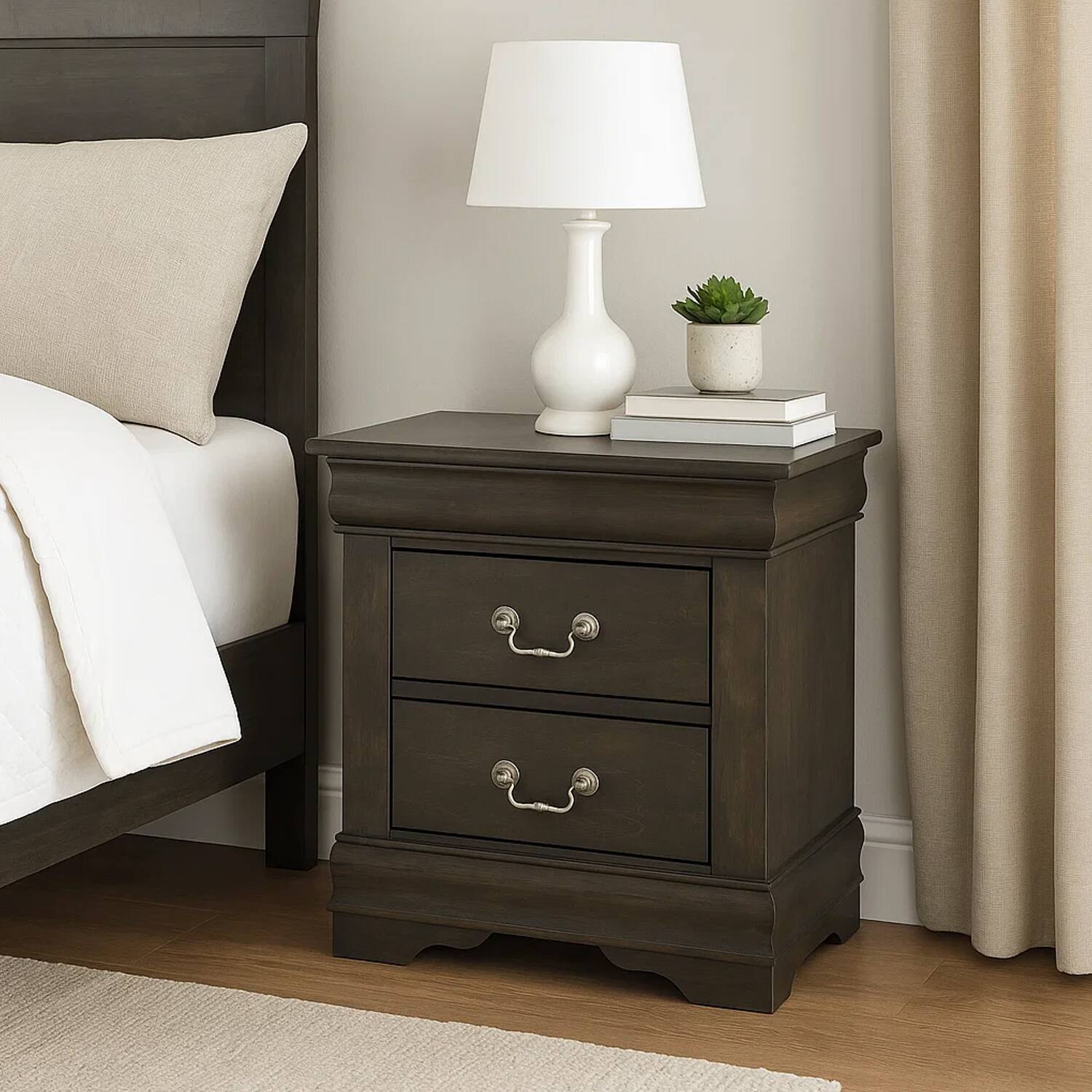 Alt View 8. Manhattan Lane - Traditional Style Wooden Nightstand with Two Drawers and Metal Handles - Gray.