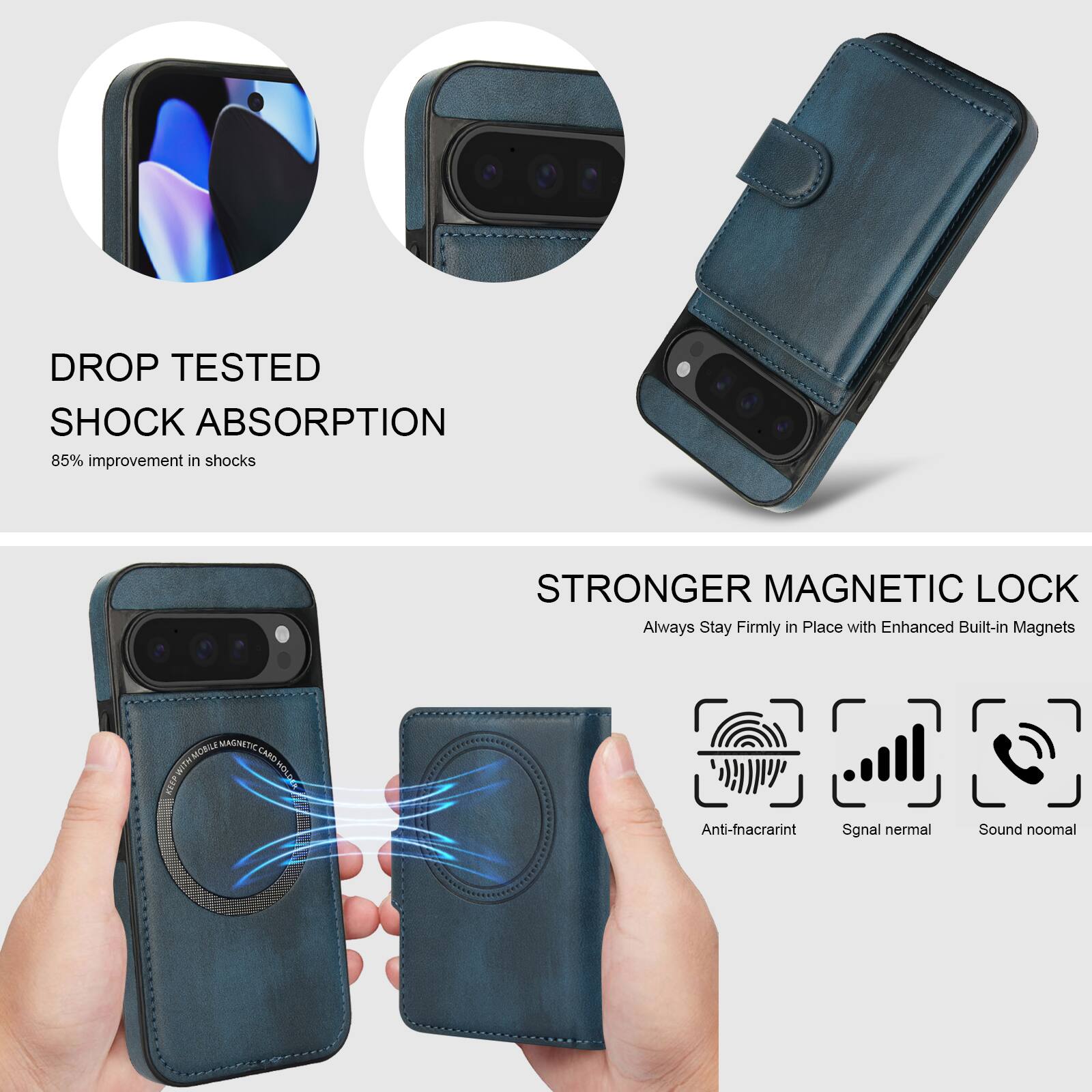 DROP TESTED SHOCK ABSORPTION  
85% improvement in shocks  

STRONGER MAGNETIC LOCK  
Always Stay Firmly in Place with Enhanced Built-in Magnets  

MOBILE MAGNETIC CARD WITH  
Low FAN  
Anti-fnacrarint  
Signal normal  
Sound normal