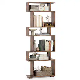 Costway - 6-tier Storage Bookshelf S-shaped Geometric Bookcase with Anti-toppling Kits - Brown
