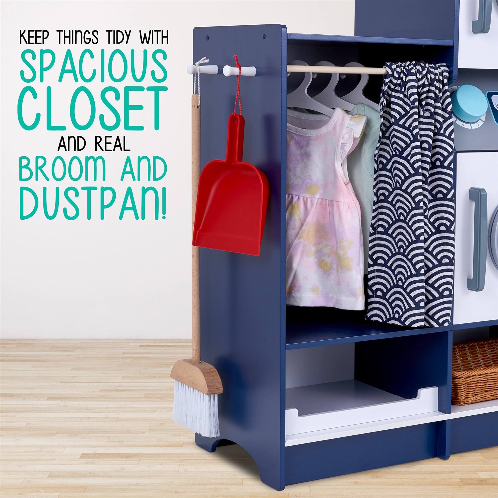 KEEP THINGS TIDY WITH SPACIOUS CLOSET AND REAL BROOM AND DUSTPAN!