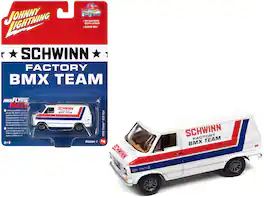 Johnny Lightning - 1976 Chevrolet G20 Van "Schwinn Factory BMX Team" "Pop Culture" 2023 Release 1 1/64 - White With Stripes