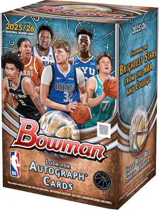 2025/26 Basketball Trading Cards
Bowman
Featuring the Brightest Stars from the NBA and College
Look for Autograph Cards
Chase Rare Red Shield Rookies
May contain redemption cards with expiration dates. (No purchase necessary. Visit topps.com/NPN for details and entry.)