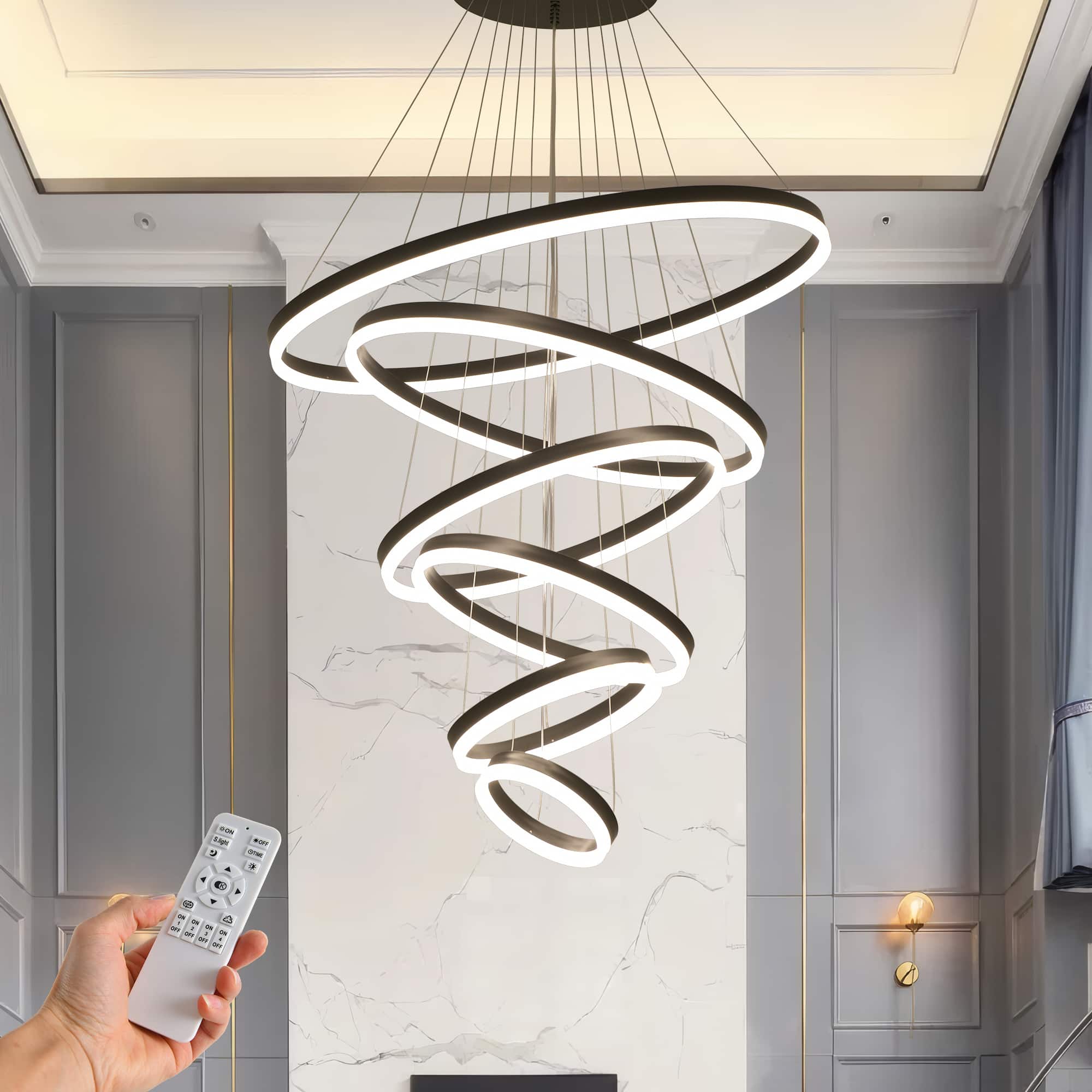 RYHNUYNE - Modern Large 6-Ring LED Chandelier for High Ceilings Adjustable Pendant Light with Remote Dimmable for Foyer Entryway