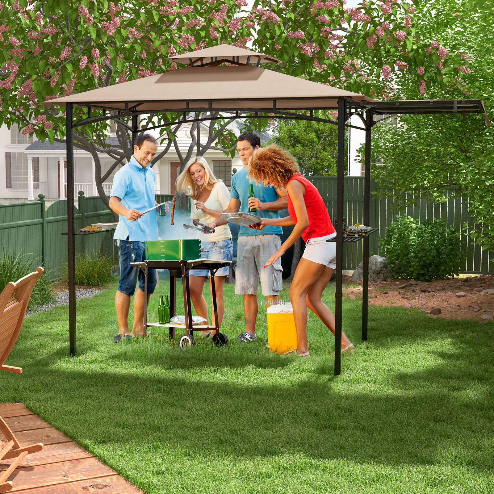 Alt View 8. Gymax - Gymax 11 x 5 FT Grill BBQ Gazebo w/ Side Awning Double-Tiered Top 2 Side Shelves Beige - Beige.