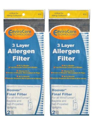 A Must for Allergy Sufferers

EnviroCare TECHNOLOGIES

3 Layer Allergen Filter

- 99.7% Filtration
- Traps Microscopic Particles and Allergens
- Particules et Allergènes Microscopiques de Pièges
- Partículas Alergénicas Microscópicas de los Devi

Designed to Fit: Concus Pour: Diseñado a Medida

Hoover* Final Filter

For all WindTunnel Bagless and Self-Propelled Uprights

2