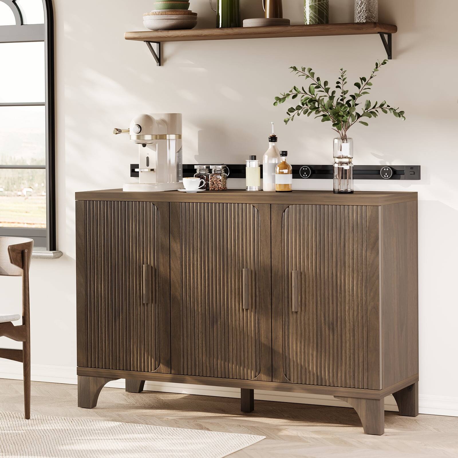 Back. Sugift - 47 Inch Fluted Buffet Cabinet Sideboard with 3 Doors and 4 Storage Compartments - Walnut Brown.