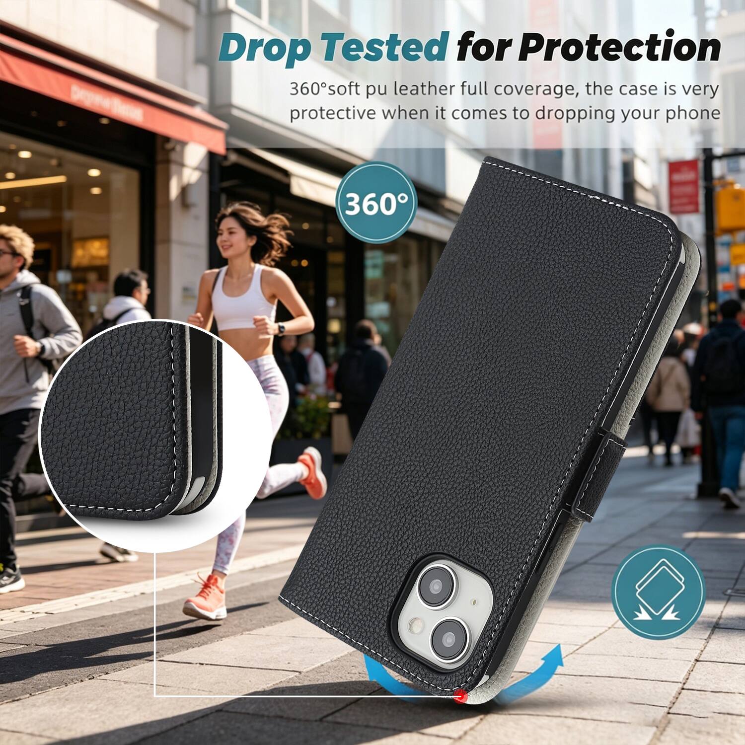 Drop Tested for Protection  
360° soft pu leather full coverage, the case is very protective when it comes to dropping your phone