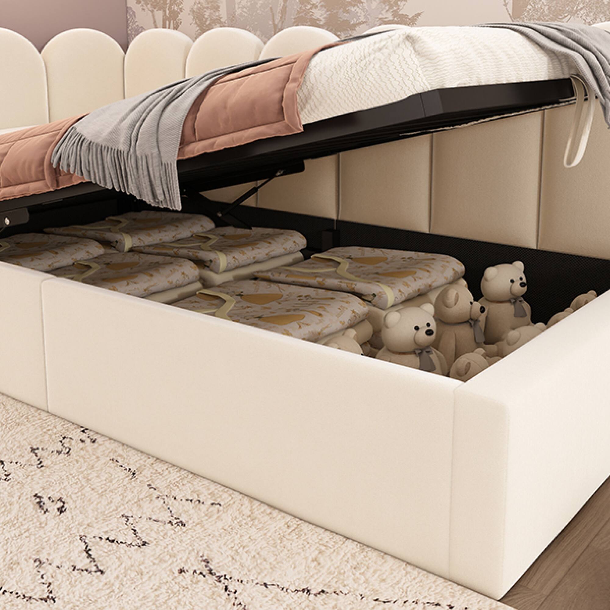 Left. GOODSILO - Upholstered Daybed with Hydraulic Storage, Twin Size Sofa Bed Frame with Metal Slats and Velvet Covering - Beige.