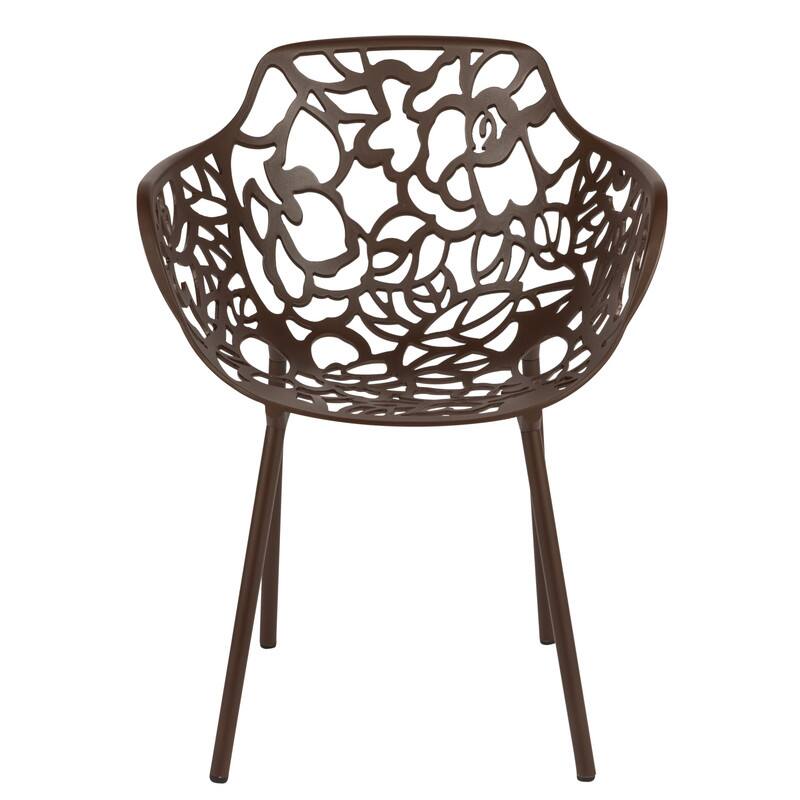 Left. LeisureMod - Set of 2 Devon Aluminum Dining Chair with UV-Protected Aluminum Frame Floral Cutout Design for Indoor Outdoor - Brown.