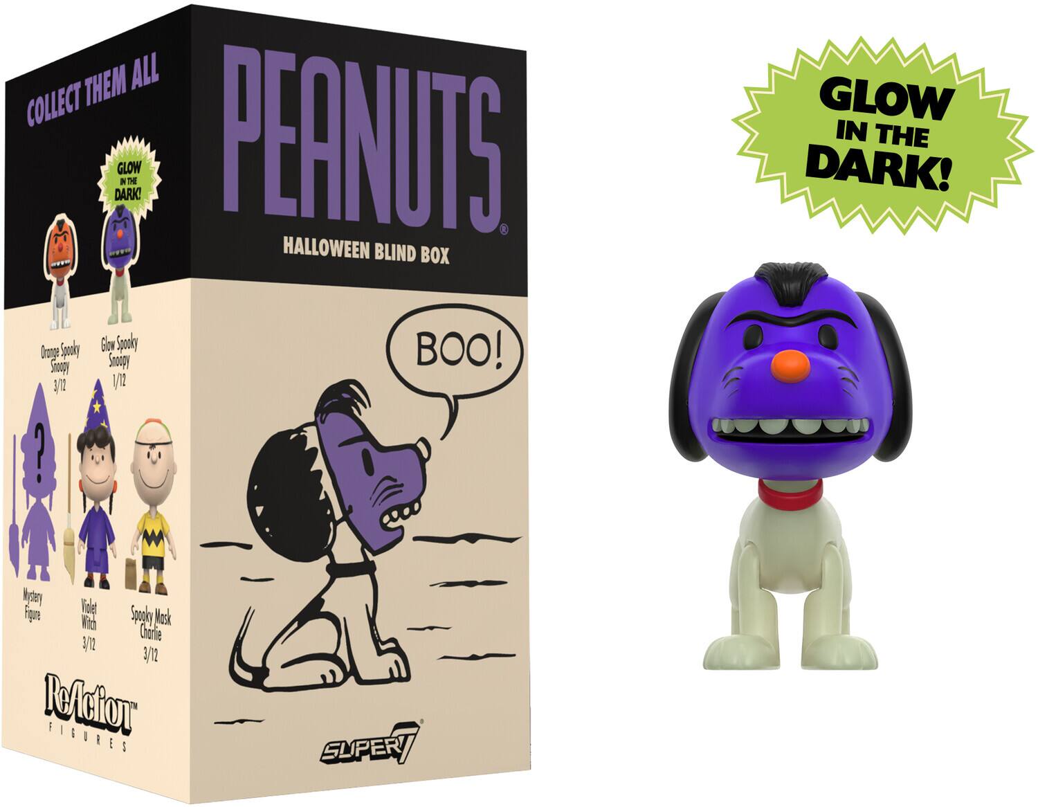 COLLECT THEM ALL  
PEANUTS  
HALLOWEEN BLIND BOX  

GLOW IN THE DARK!  

Orange Spooky Snoopy 3/12  
Glow Spooky Snoopy 1/12  
Mystery Figure 3/12  
Violet Witch 3/12  
Spooky Mask Charlie 3/12  

BOO!  

SUPER7