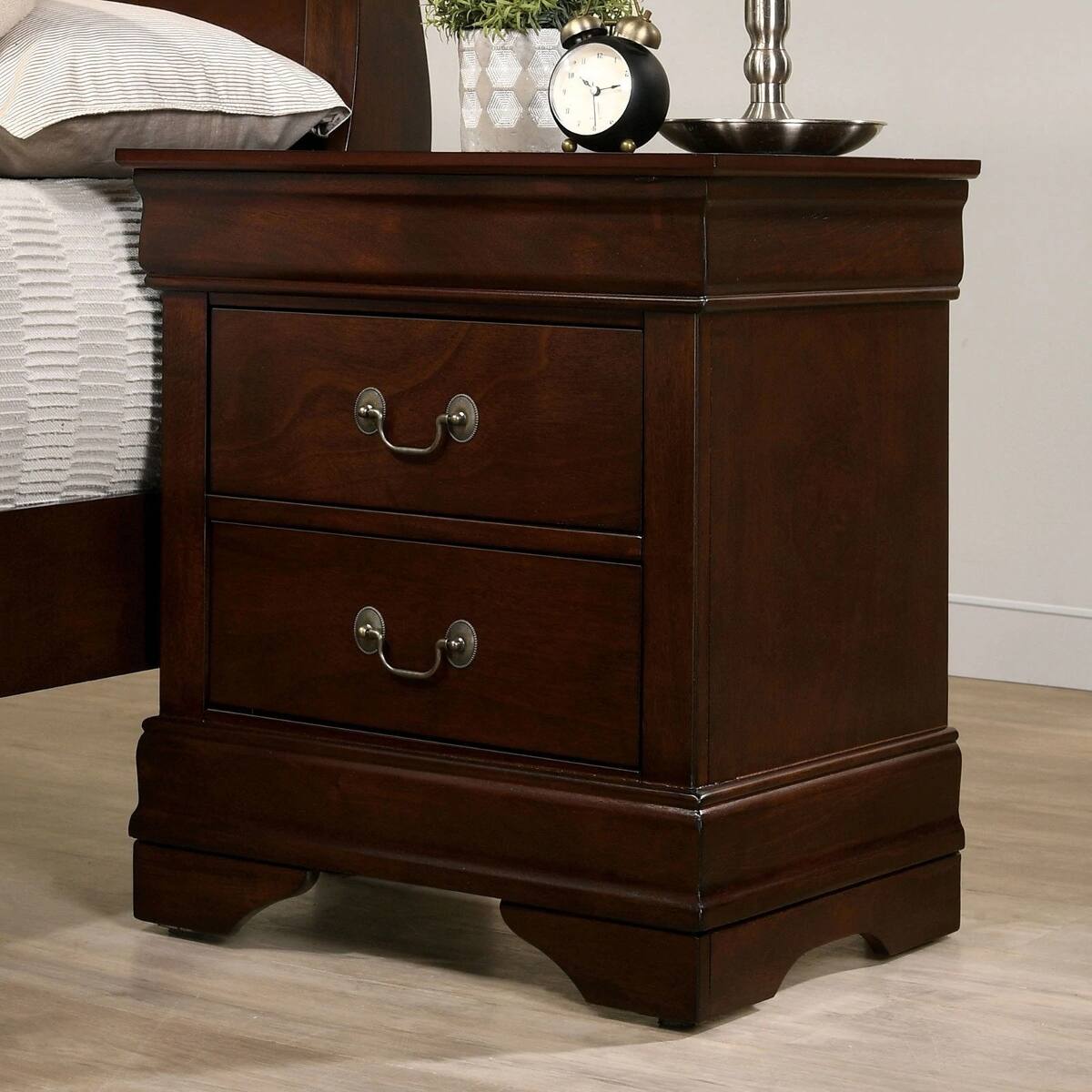 Angle. Loheer - Loheer Cherry Finish Two Drawer Nightstand with Solid Wood Construction - Cherry.