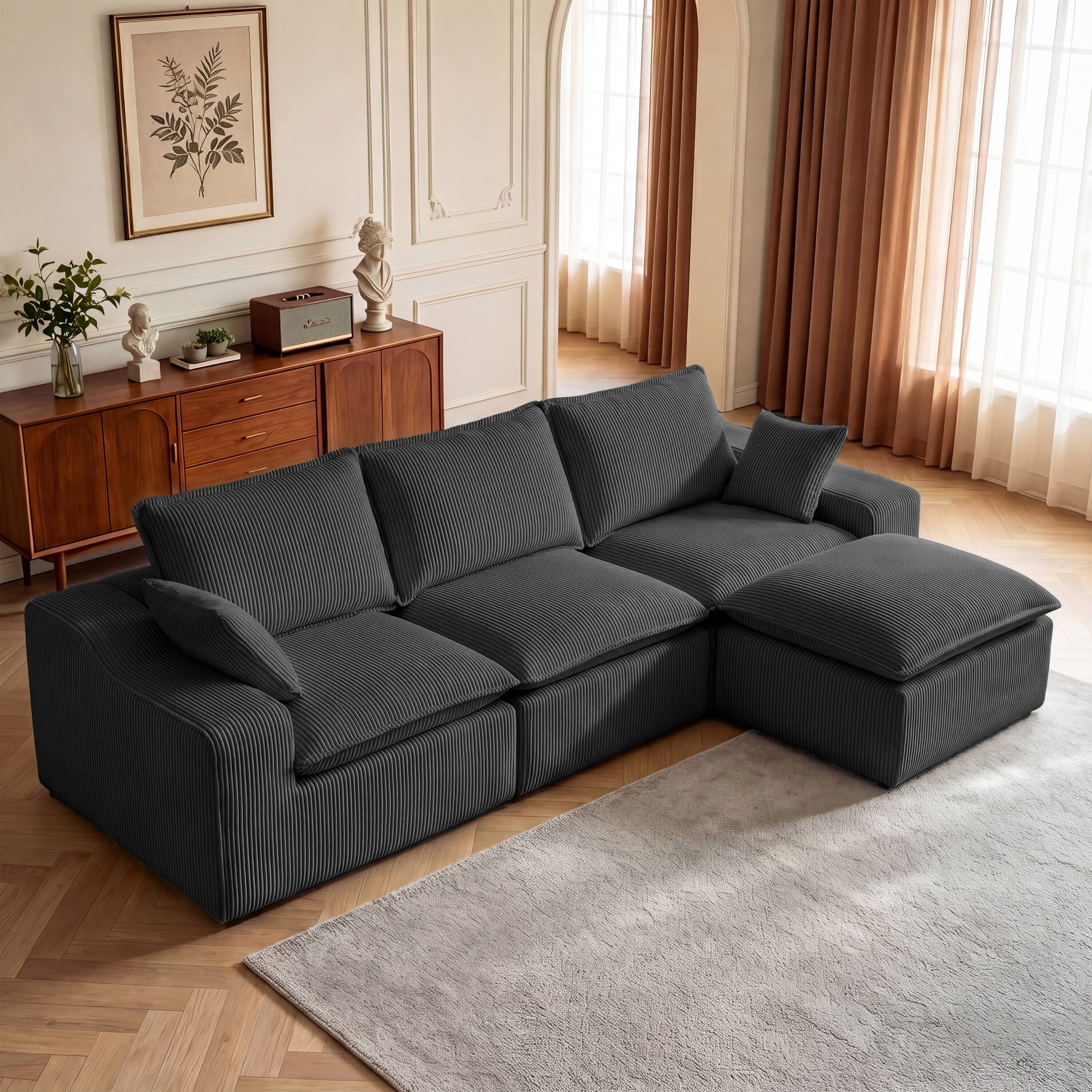 Front. CarterChairr - 107" L-Shape Modular Sectional Sofa with Ottoman & 2 Pillows, Cloud Boneless Couch for Living Room - Gray.