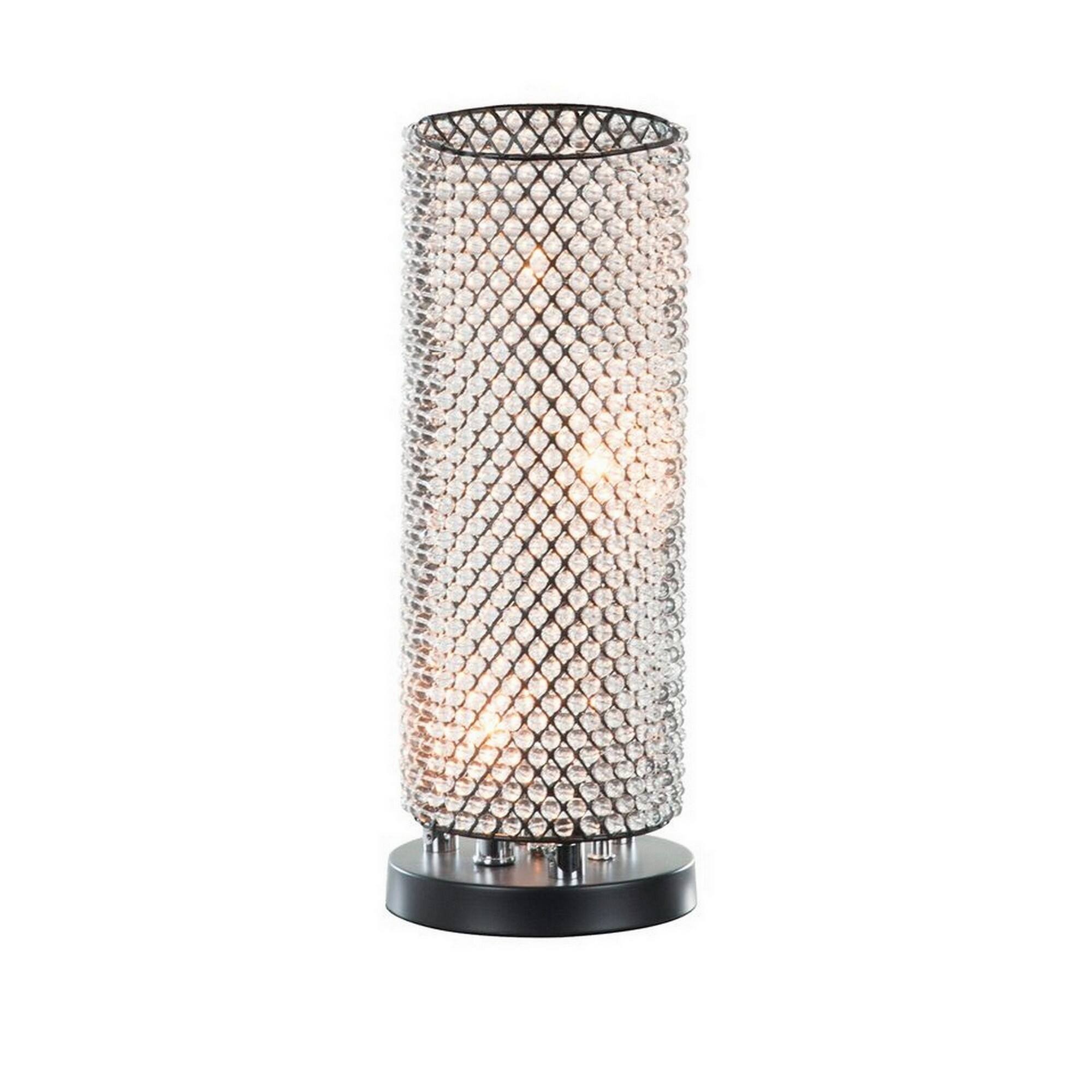 Front. Manhattan Lane - 16 Inch Table Lamp, Crystal Cylinder Shade, Metal Mesh - Bronze, Clear.