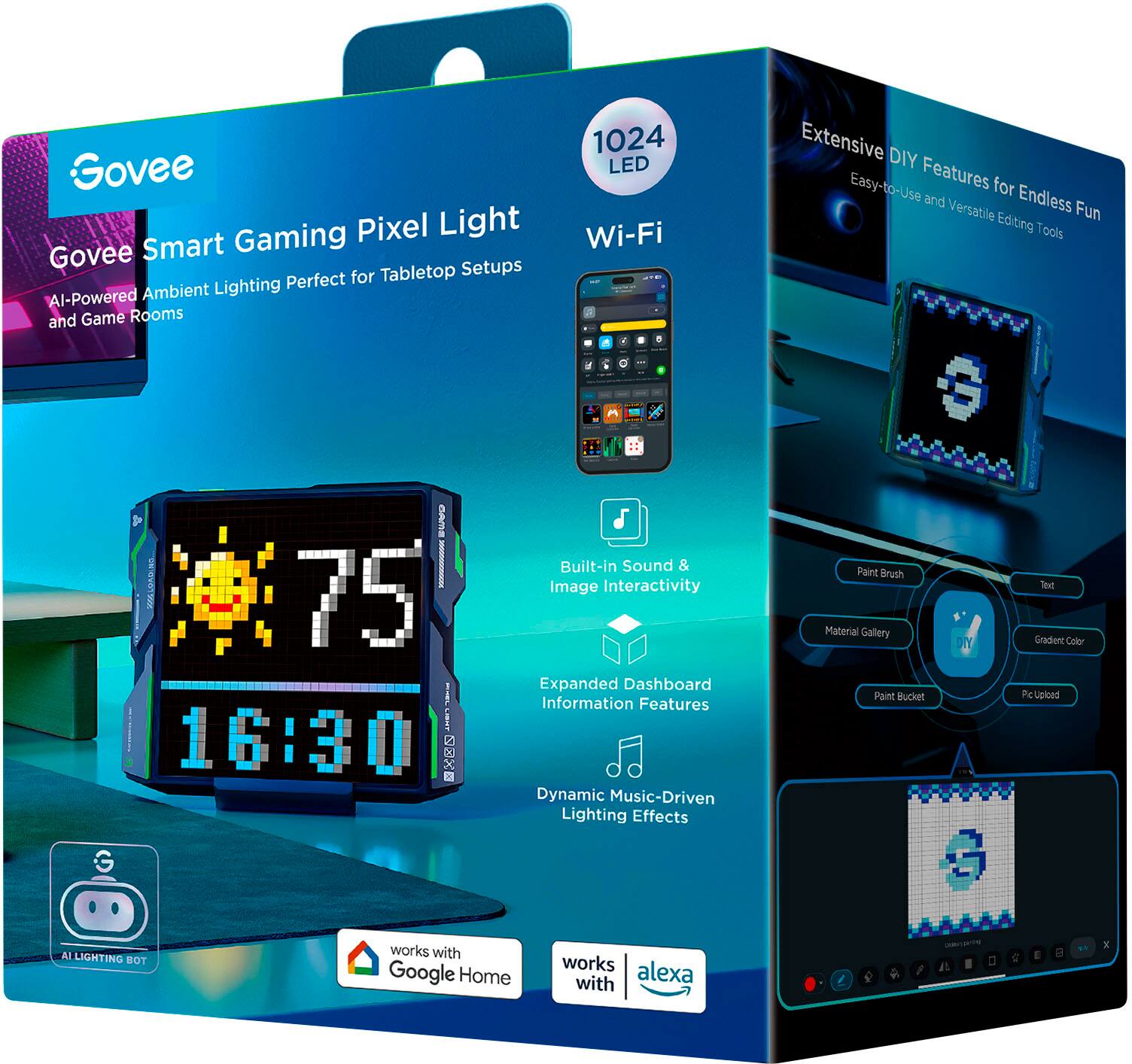 Govee Gaming Pixel Light is a smart lighting solution for tabletop setups. It is perfect for ambient and game rooms, providing a versatile and easy-to-use feature set. The LED light is Wi-Fi enabled and has an extensive DIY feature set, allowing for endless fun and customization. The product comes with a built-in sound and image interactivity, expanding its dashboard information features. Additionally, it offers dynamic music-driven lighting effects, paint brush material gallery, and text gradient color picker, making it a versatile and enjoyable addition to any gaming setup.