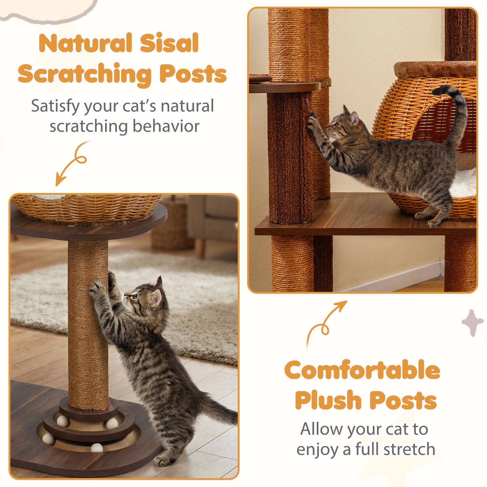 Natural Sisal Scratching Posts  
Satisfy your cat's natural scratching behavior  

Comfortable Plush Posts  
Allow your cat to enjoy a full stretch