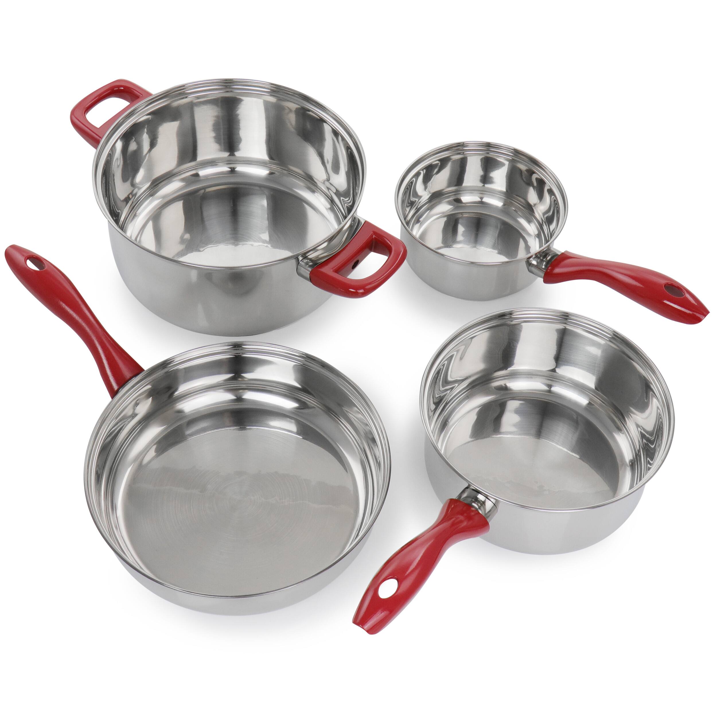 Alt View 2. Gibson - Gibson Home Crawson 7 Piece Stainless Steel Cookware Set in Chrome with Red Handles - Silver.