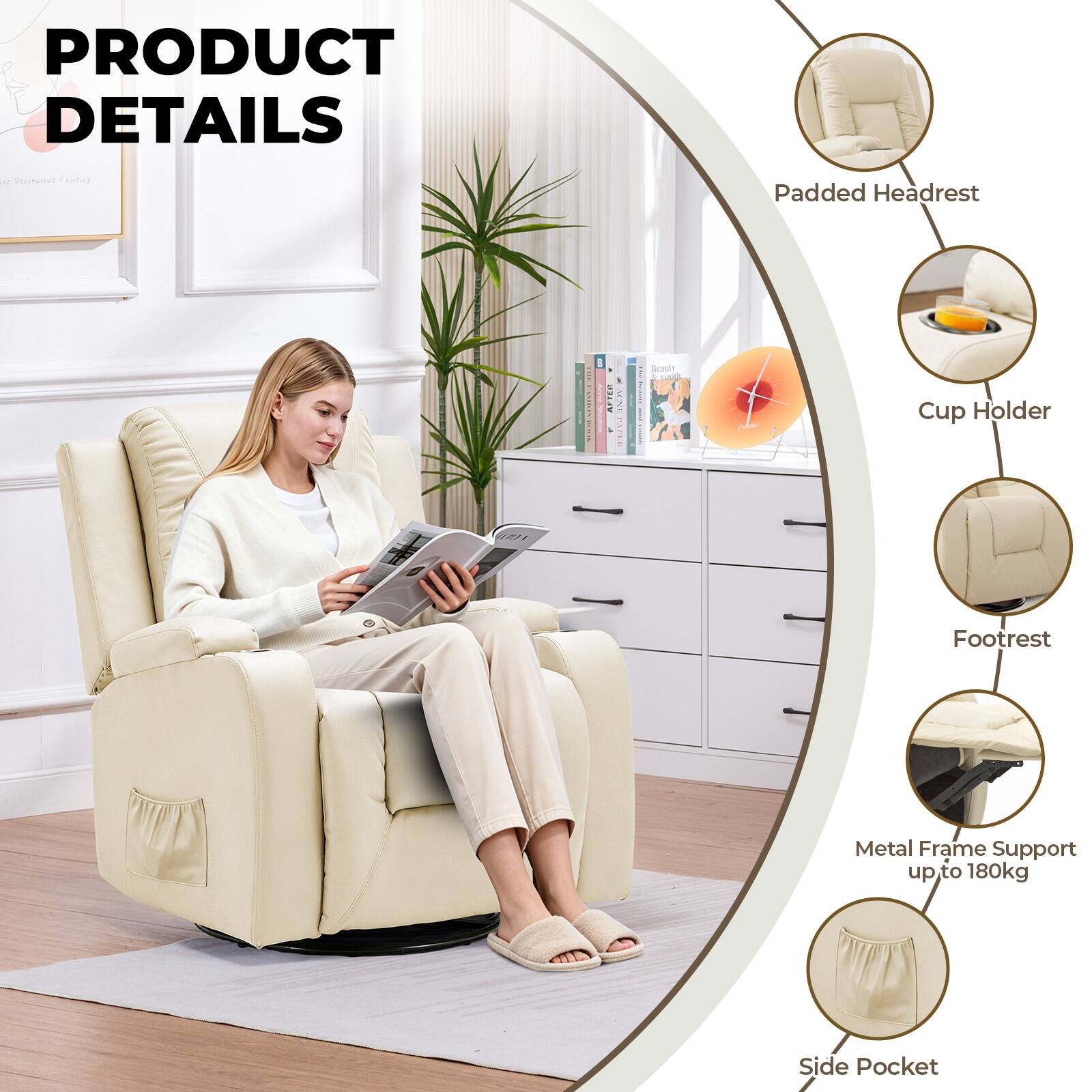 PRODUCT DETAILS

- Padded Headrest
- Cup Holder
- Footrest
- Metal Frame Support up to 180kg
- Side Pocket