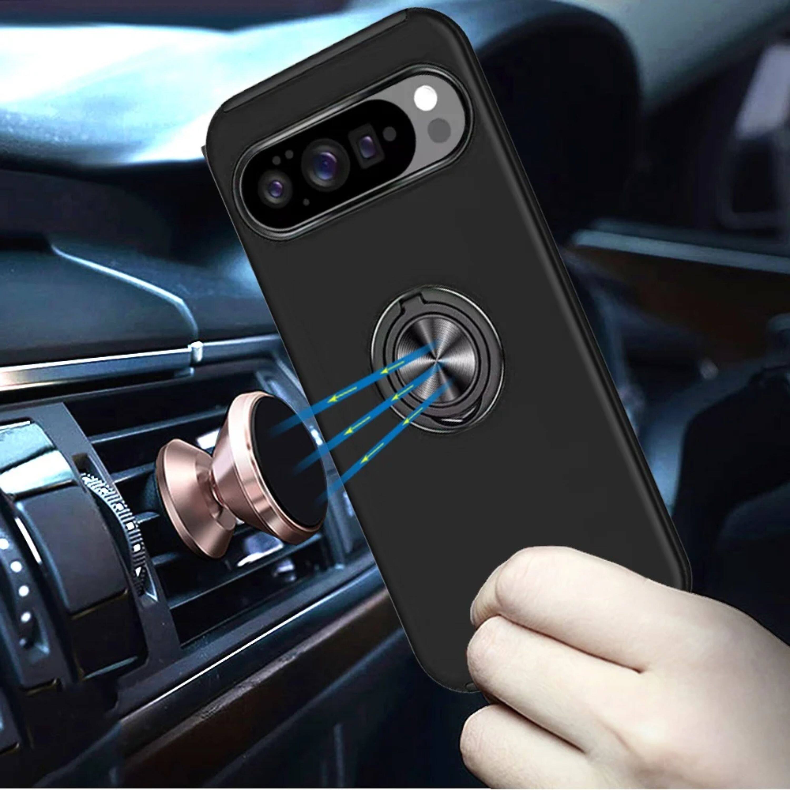 Angle. Kitcheniva - Rubber Dual Layer With RingStand Case Plus Tempered Glass For Google Pixel 10 Pro XL Black - Black.