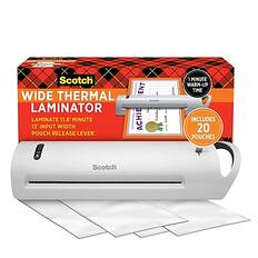 Scotch Wide Thermal Laminator
Laminate 11.8" Minute
13" Input Width
Pouch Release Lever
1 Minute Warm-Up Time
Includes 20 Pouches